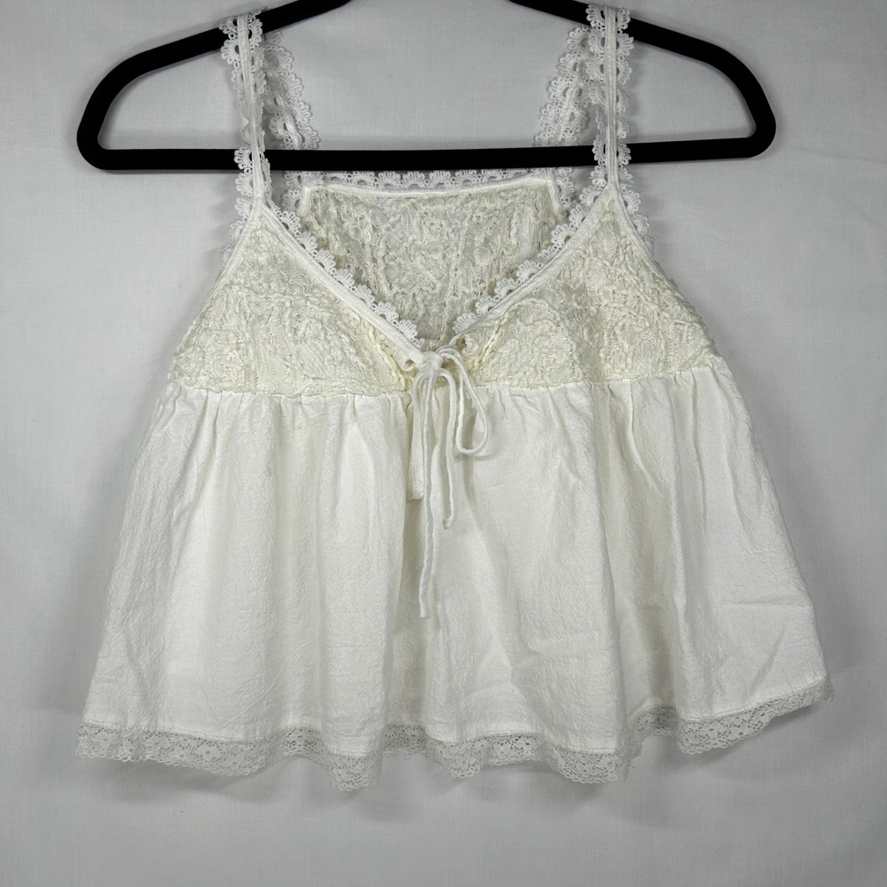 Boho White Lace Trim Babydoll Cami Top S